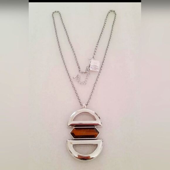 Lia Sophia Silver and Brown Geometric Pendant Necklace 32" NWT - Picture 1 of 2